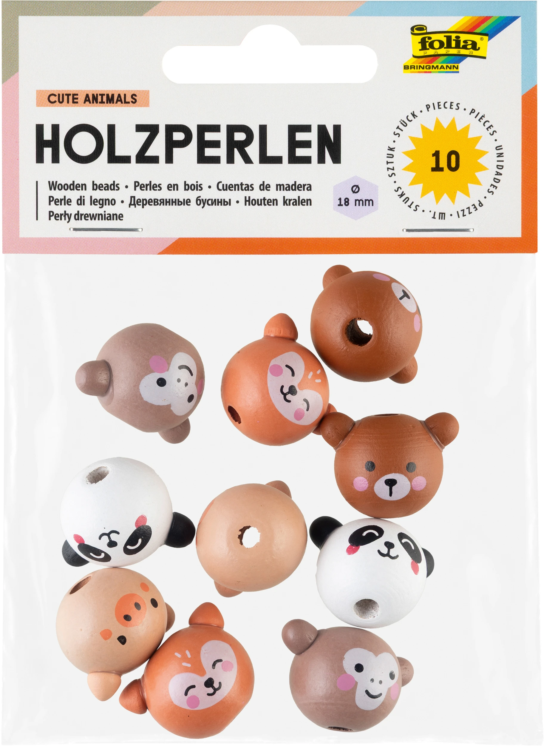 FOLIA Holzperlen 18mm 22983 Cute Animals, ass. 10 Stück