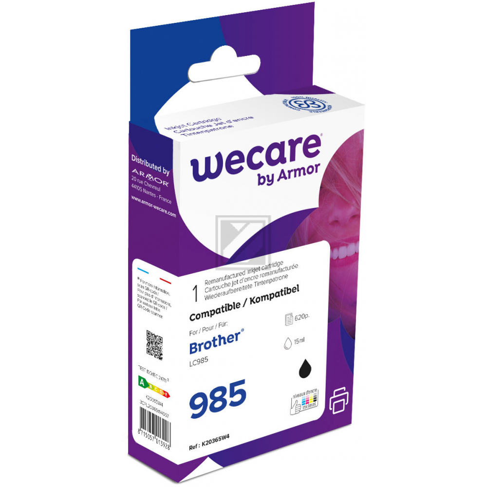 WECARE Tinte rebuilt schwarz LC-985BK WE zu Brother DCP-J315W 15ml
