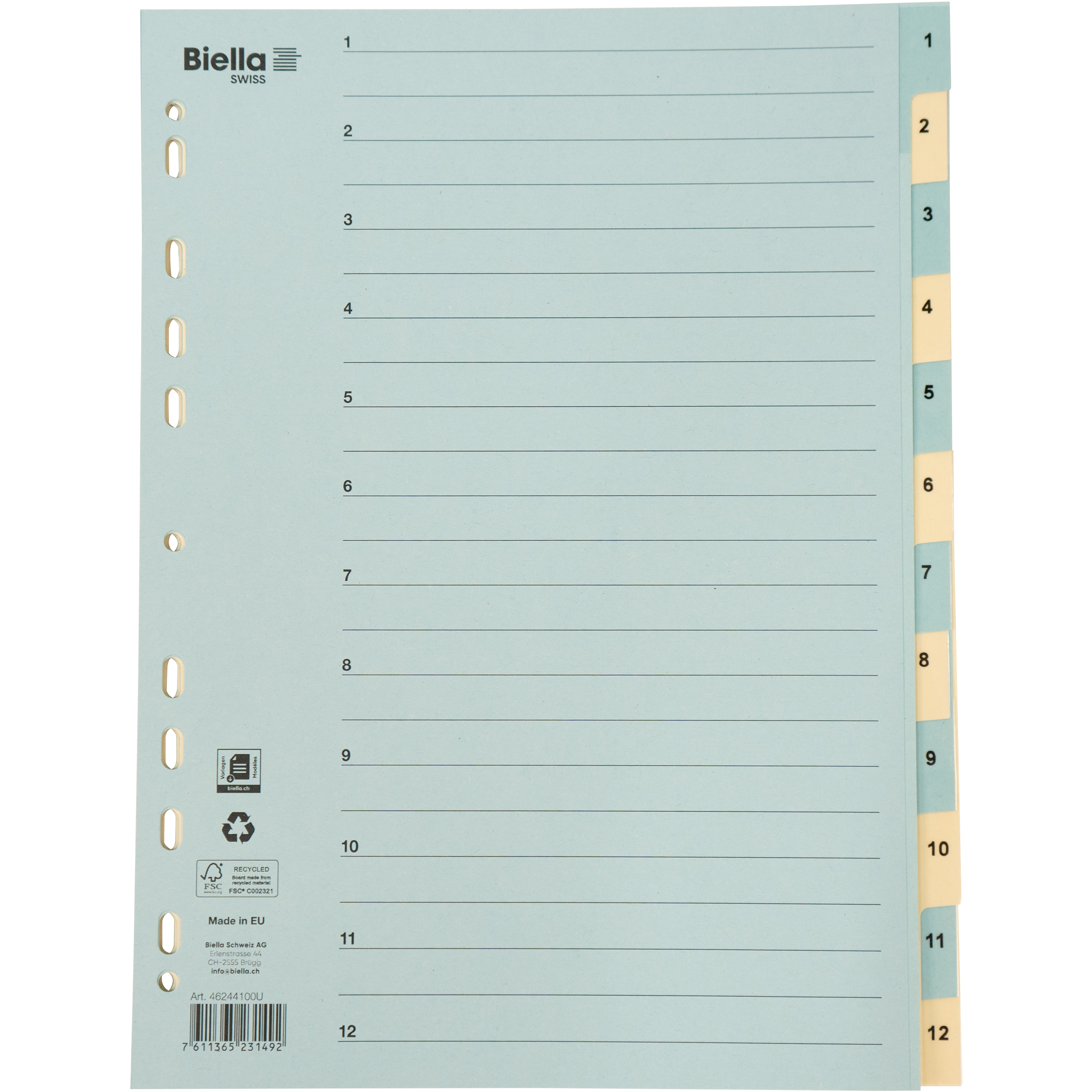 BIELLA Kartonregister 210g A4 46244100U blau/gelb 1-12