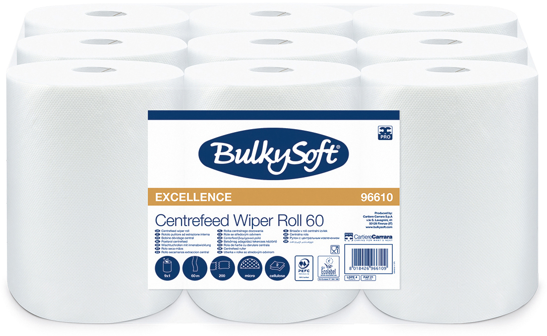 BULKYSOFT Putztuchrolle 2-lagig 60m,22cm 26255 Midi, Premium weiss 9 Rollen