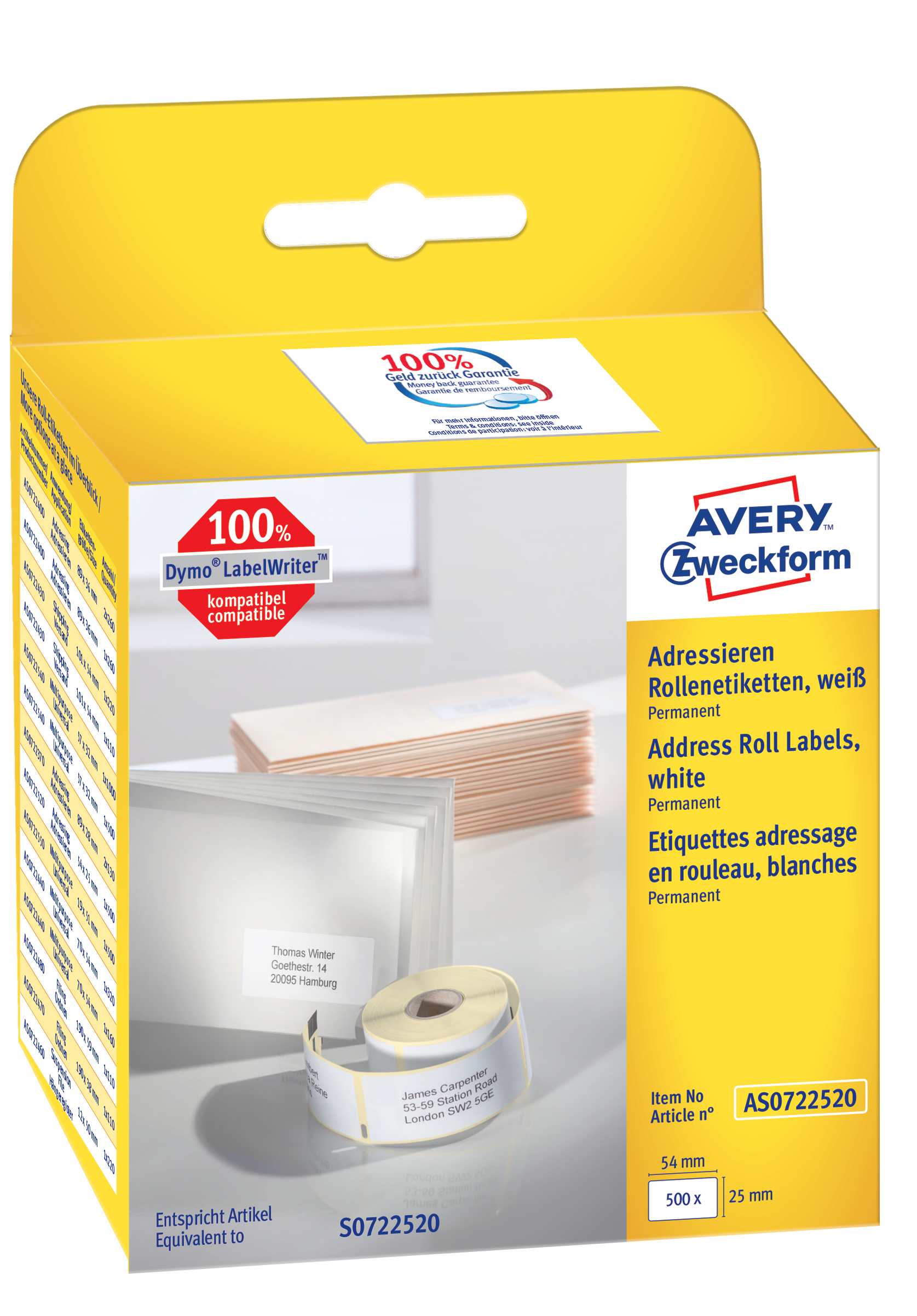 AVERY ZWECKFORM Adress-Etiketten 54x25mm AS0722520 weiss, Rolle 500 Stück AVERY ZWECKFORM Adress-Etiketten 54x25mm AS0722520 weiss, Rolle 500 Stück