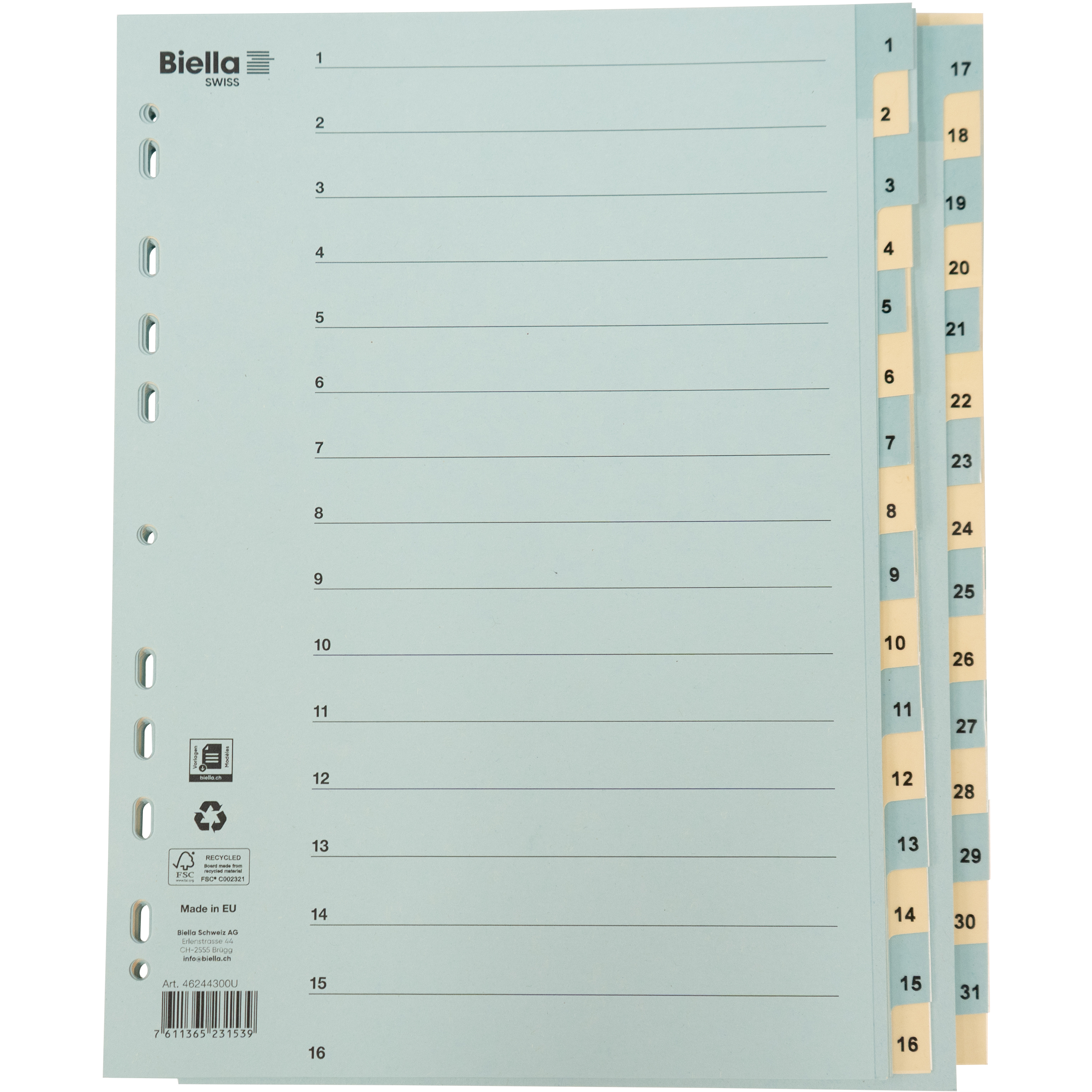 BIELLA Kartonregister 210g A4 46244300U blau/gelb 1-31