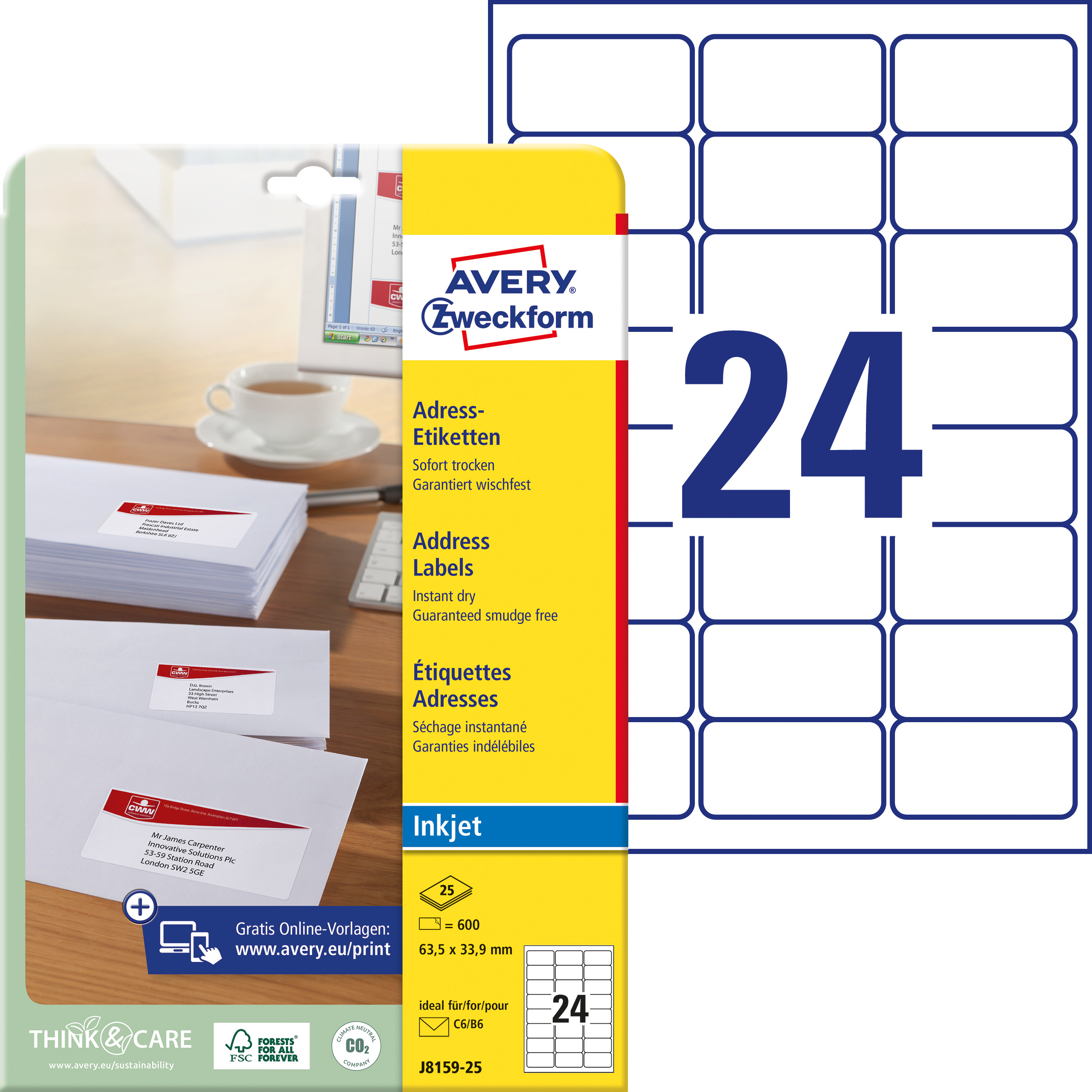 AVERY ZWECKFORM Adressetiketten 63.5x33.9mm J8159-25 weiss 25Bl./24St.