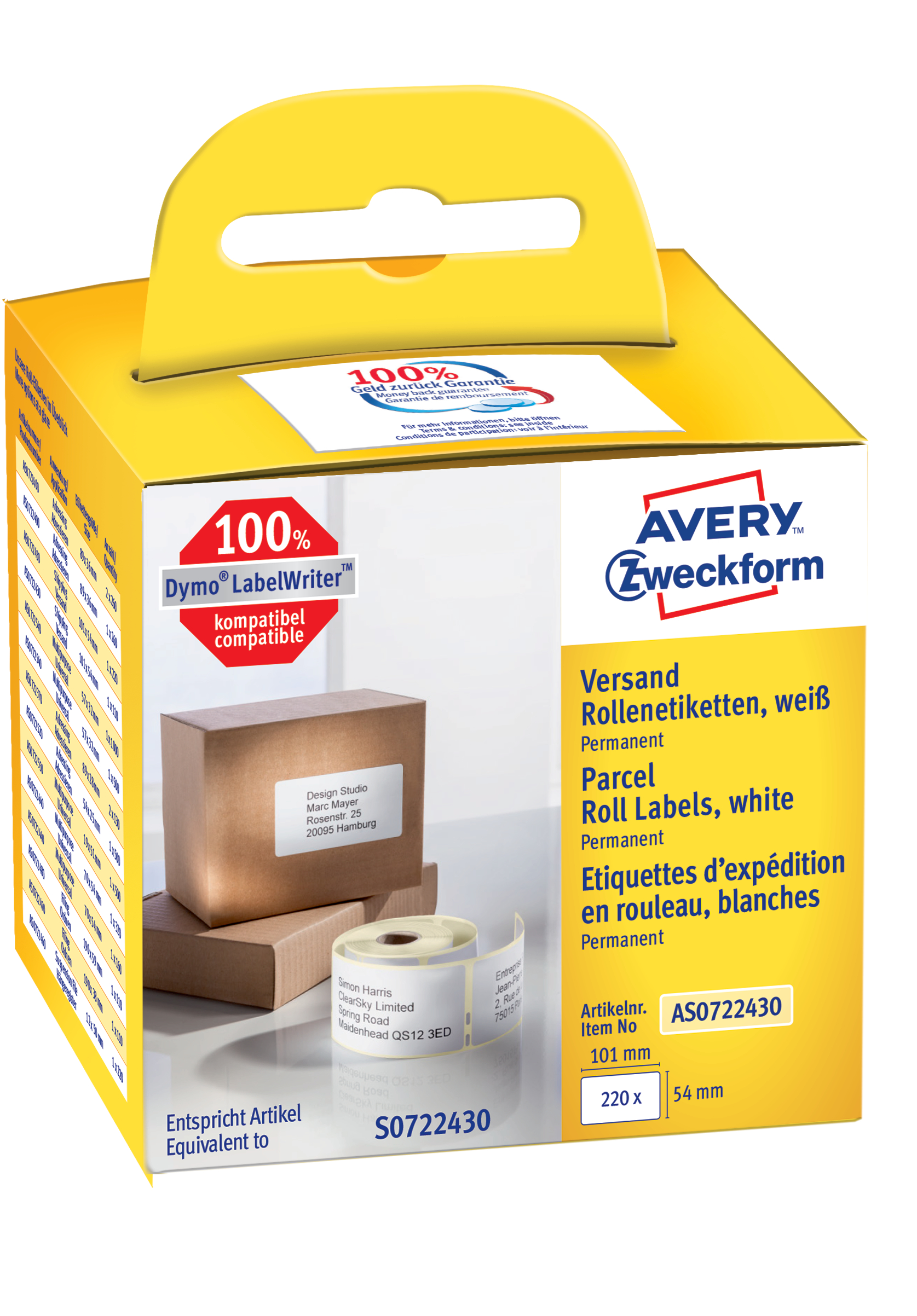 AVERY ZWECKFORM Versand-Etiketten 101x54mm AS0722430 weiss, Rolle 220 Stück
