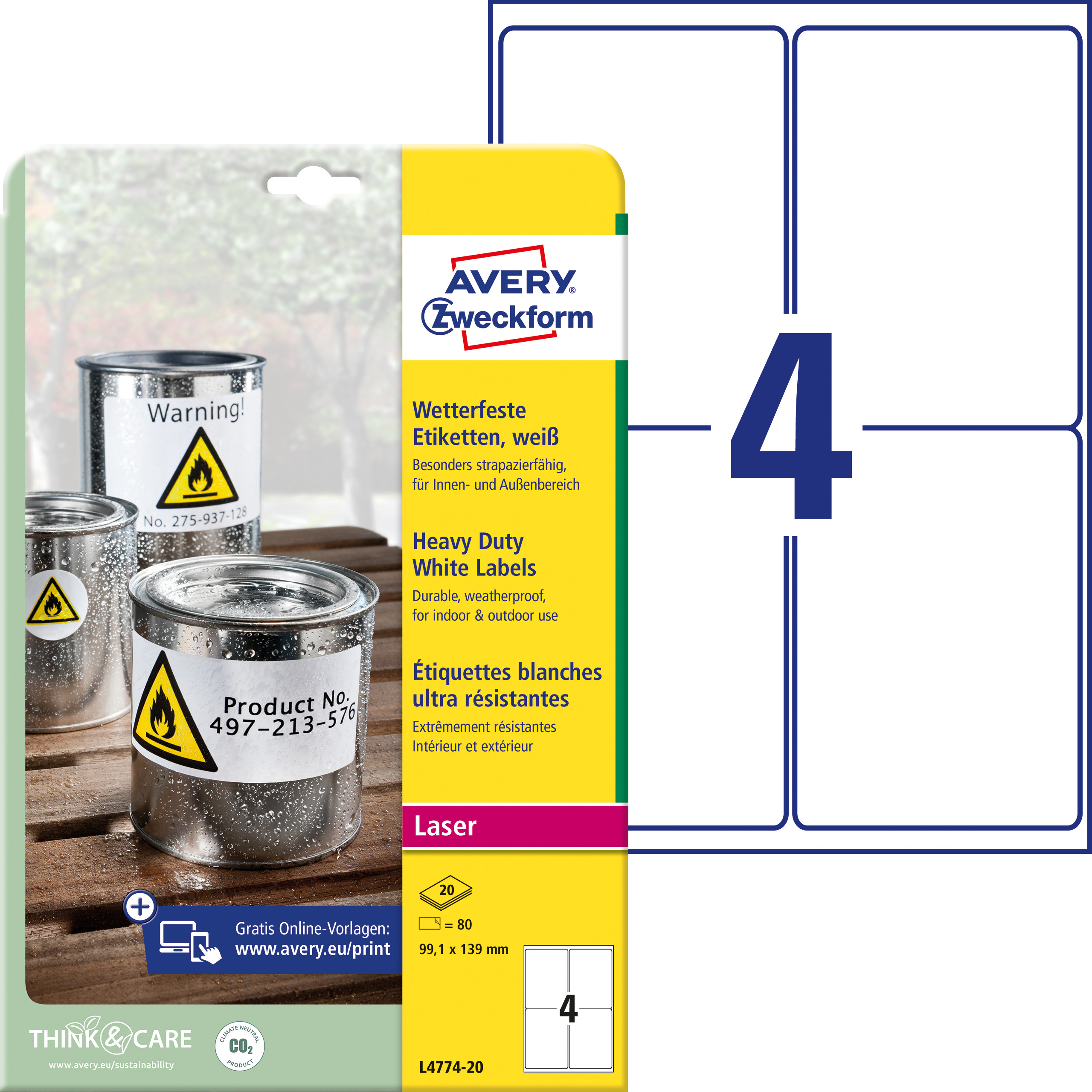 AVERY ZWECKFORM Etiketten 99.1x139mm L4774-20 wetterfest, weiss 20 Blatt