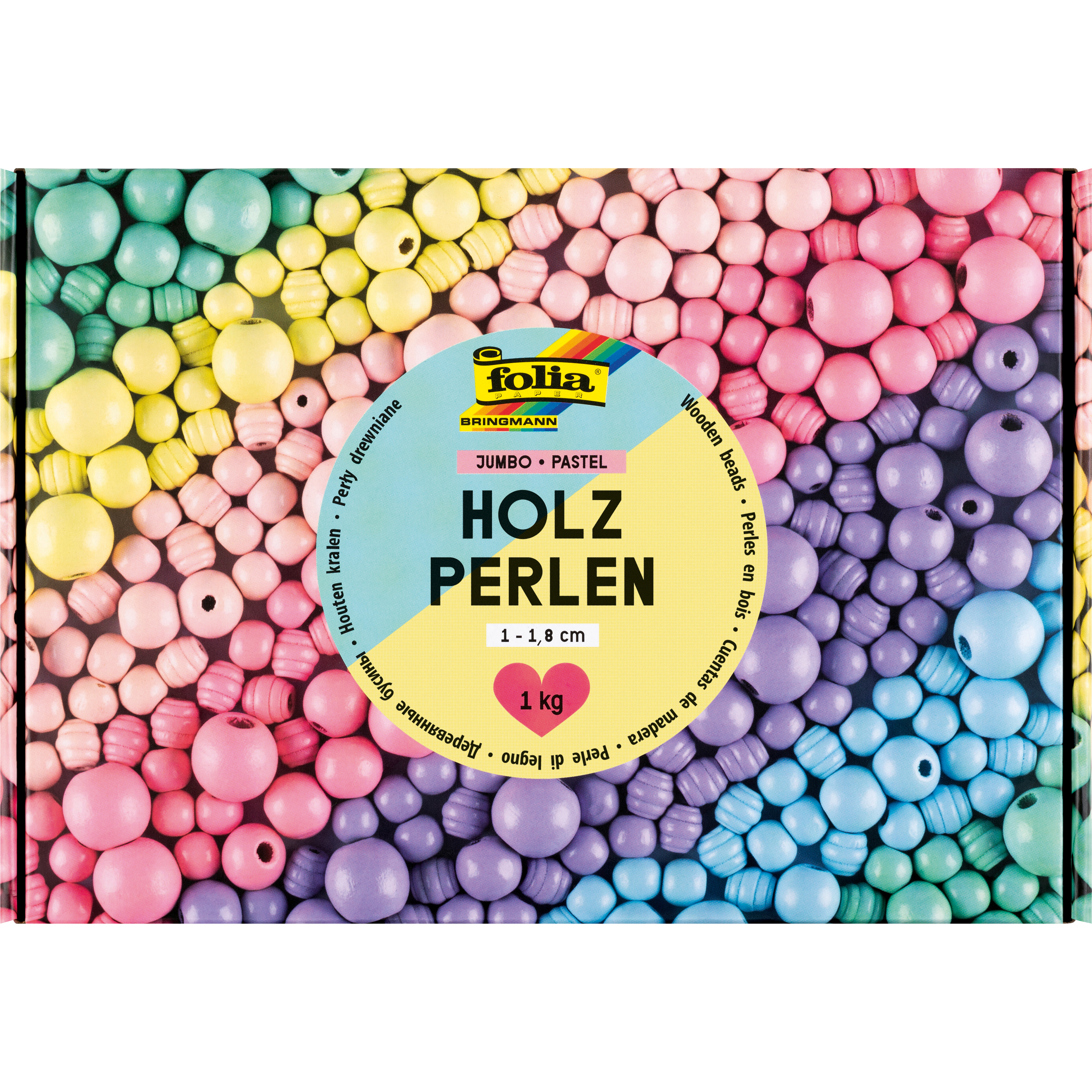 FOLIA Holzperlen Pastel 1000g 22993 Jumbo Pack, 1-1.8cm