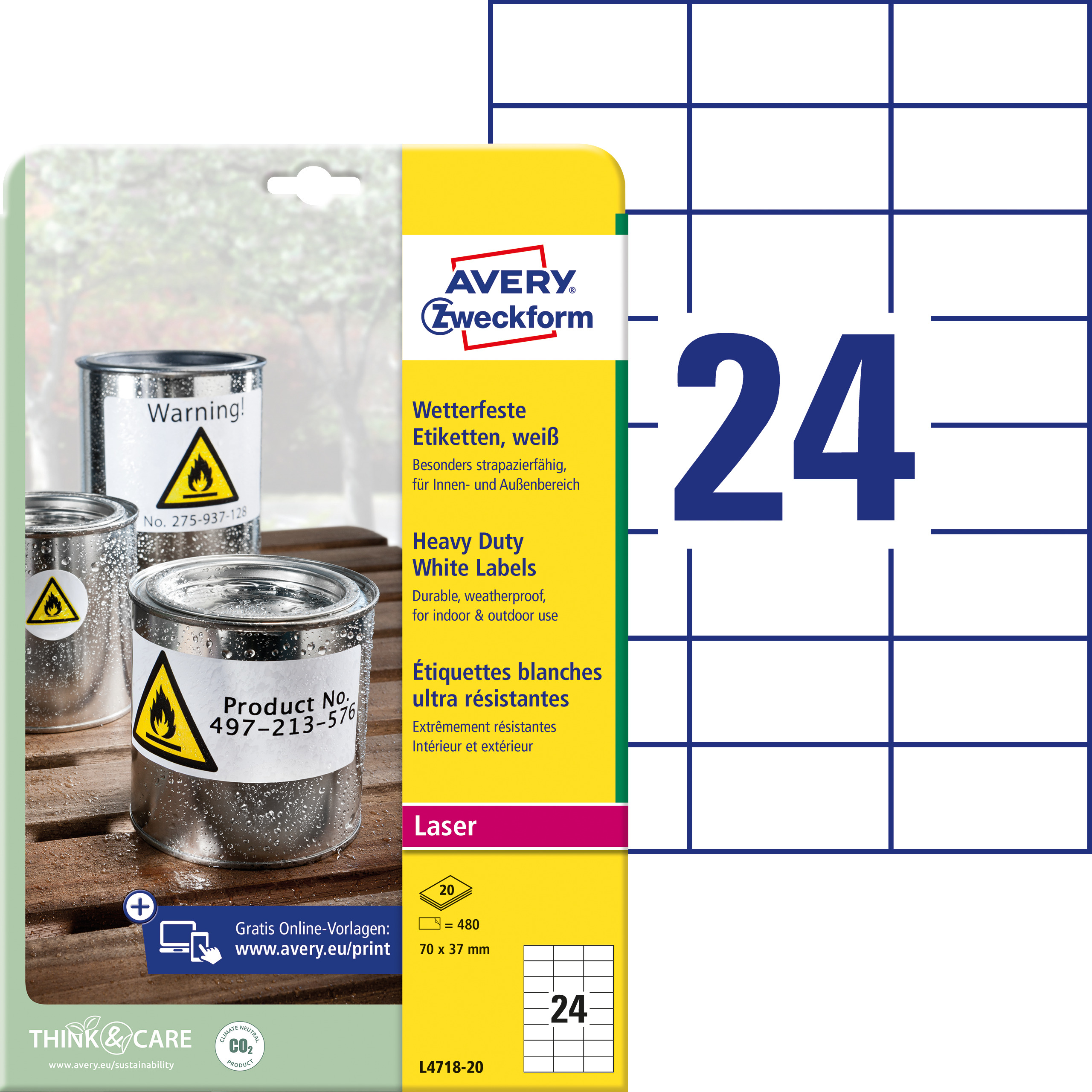 AVERY ZWECKFORM Etiketten Laser 70x37mm L471820 weiss, wetterfest 20 Blatt
