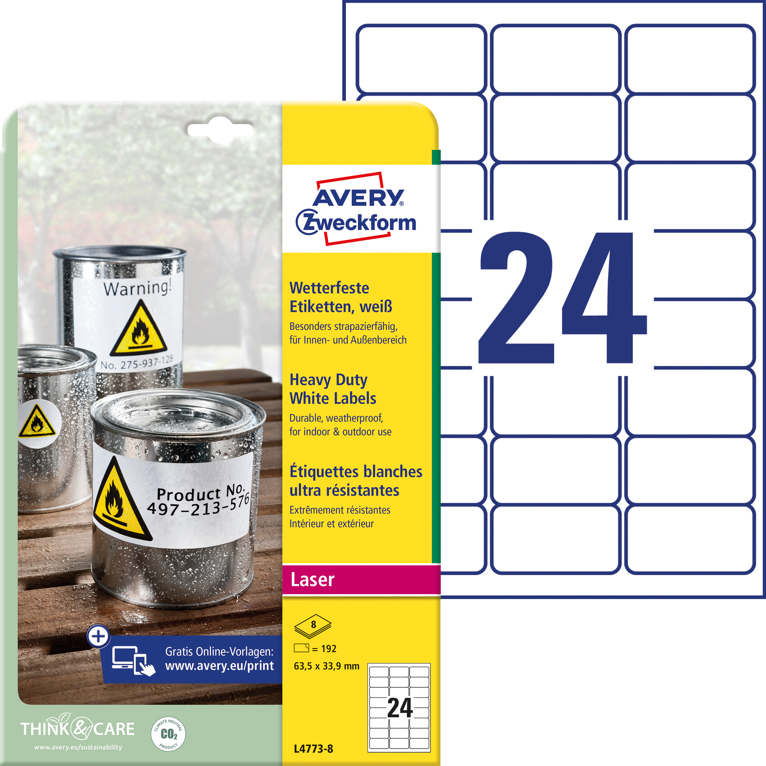 AVERY ZWECKFORM Etiketten Laser 63,5x33,9mm L47738 weiss, wetterfest 8 Blatt