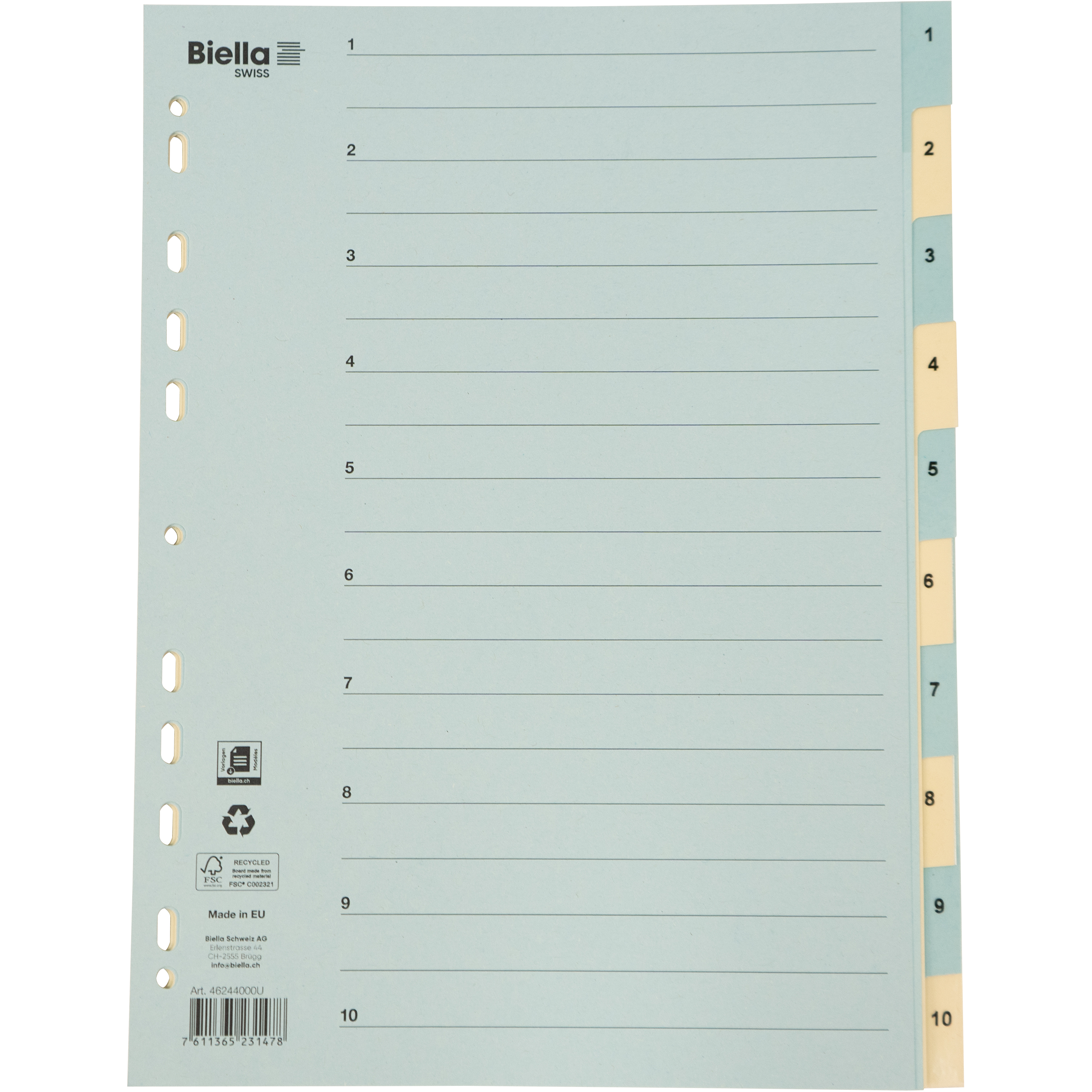 BIELLA Kartonregister 210g A4 46244000U blau/gelb 1-10