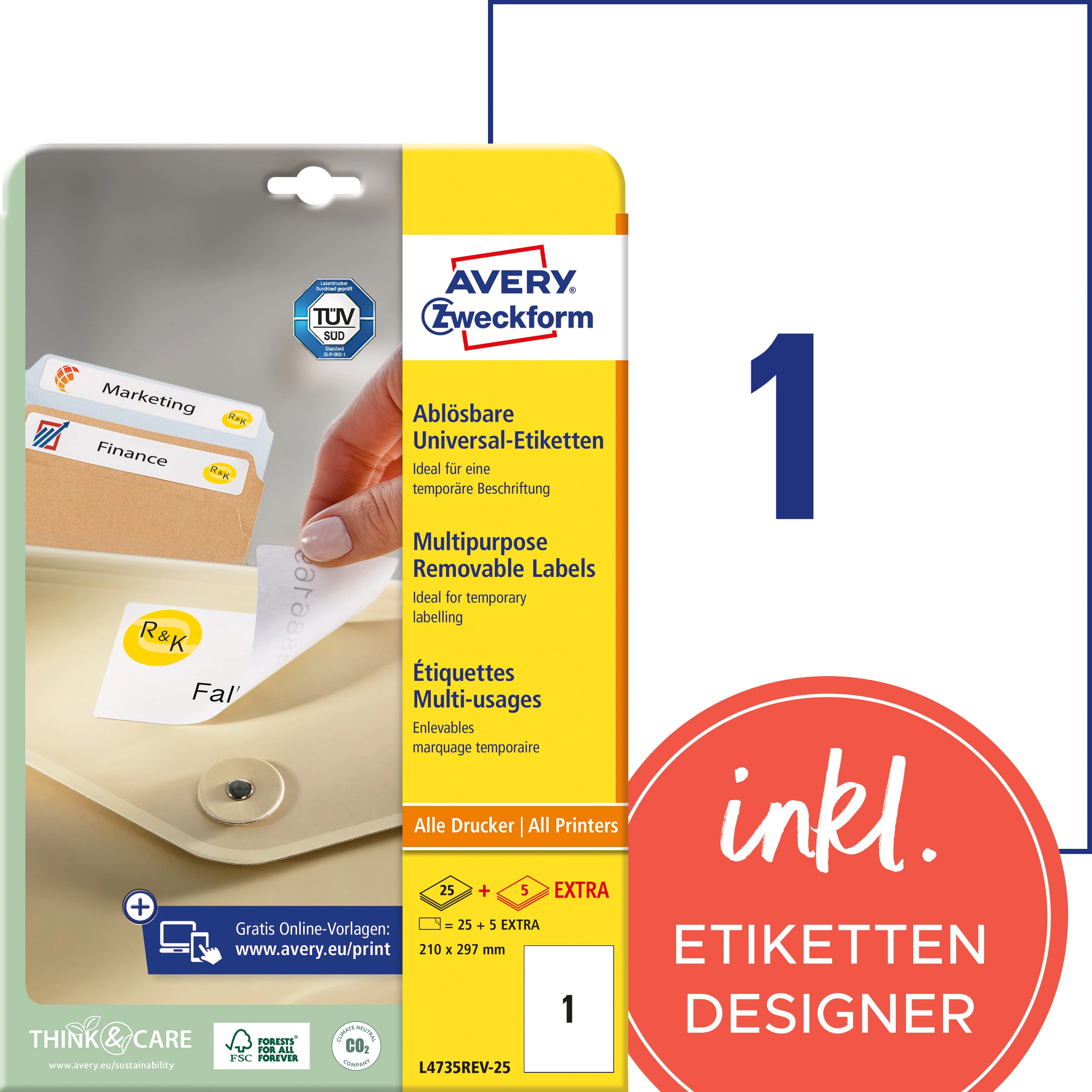 AVERY ZWECKFORM Universal-Etiketten 210x297mm L4735REV-25 weiss 30 Stk./25 + 5 Blatt